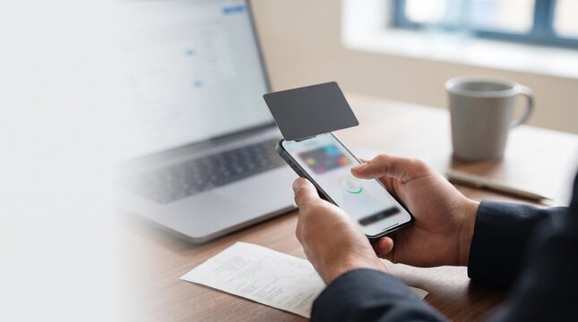 Fintech specialist using mobile point of sale card reader connected to smartphone for secure credit card transaction next to laptop on modern office desk