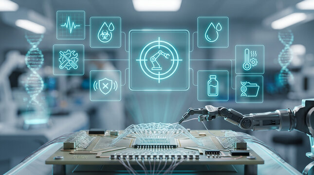 Close up of an automated surgical micro robot weaving synthetic neural pathways on a circuit board with futuristic holographic medical interfaces in a laboratory