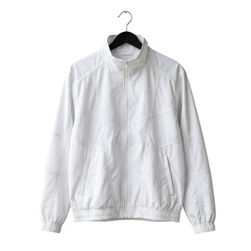 White lightweight windbreaker sports jacket for men with zipper closure and side pockets, hanging on a black clothes hanger, high collar athletic outerwear isolated on transparent background.