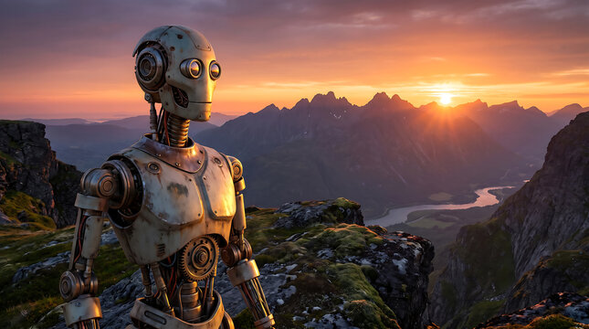 Vintage steampunk robot standing on mountain rock overlooking scenic valley and river during vibrant sunset, representing artificial intelligence, science fiction adventure and exploration in dramatic