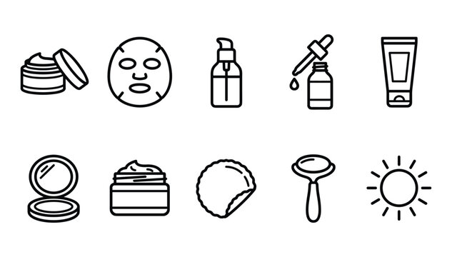 Minimalist black outline skincare and beauty cosmetic icon set featuring cream jars lotion bottles face masks and wellness tools