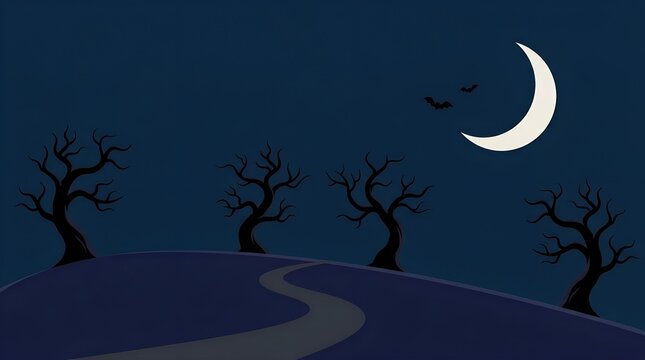 Minimalist pixel art illustration of a crescent moon in a dark night sky above a winding path and bare trees with minimalist crescent landscape silhouette graphics background atmosphere