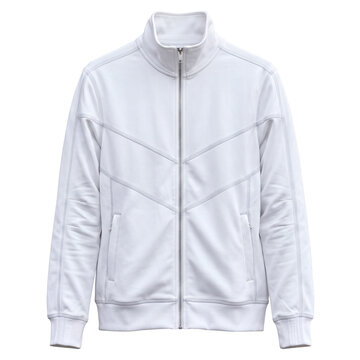Modern white men's athletic zip-up jacket featuring stylish chevron stitching and zippered side pockets, high-quality sportswear apparel isolated on a transparent background for fashion design