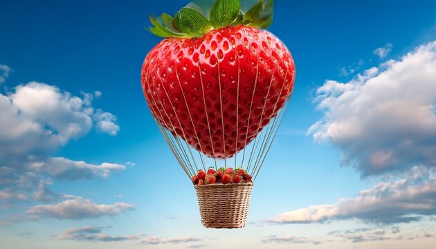 a strawberry hot air balloon with a berry filled basket on background