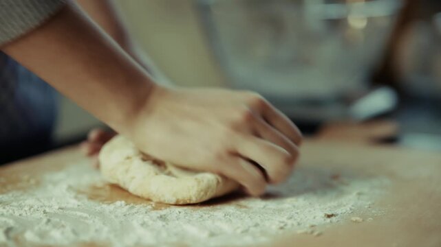 Baker Kneading Fresh Dough On Wooden Table. Bakery Bread Making