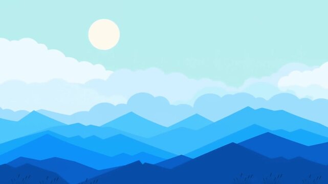 Blue mountain landscape with moving clouds and sun glowing in cartoon animation video footage