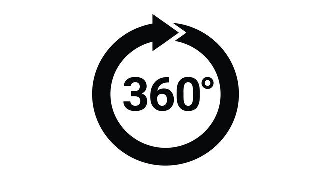 Circular rotation icon with degree symbol indicates a full three sixty view