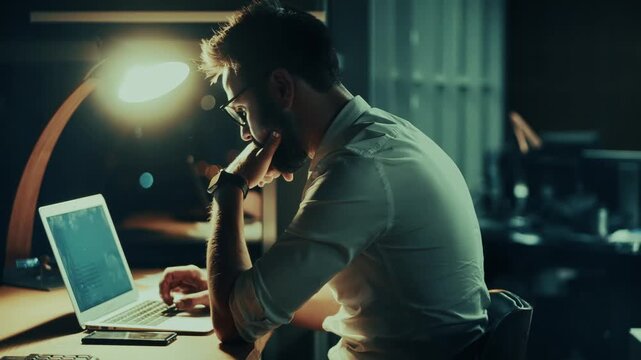 Businessman Working Late Night Office Laptop. Deadline And Overtime 