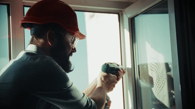 Builder Installing Plastic Window Frame Drill Screwdriver. Maintenance Repair Service Glass 