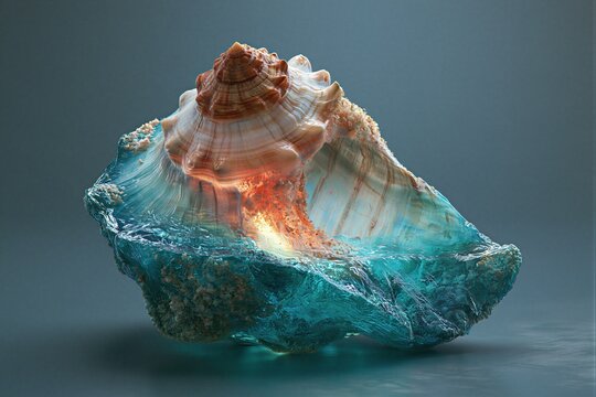 A stunning image of a seashell filled with glowing turquoise light.