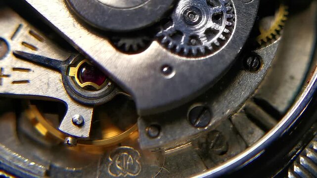 Macro Horizontal Video of Mechanical Watch Movement and Gears