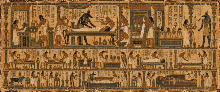 Ancient Egyptian Mummification Ritual with Anubis, Embalming and Sarcophagus