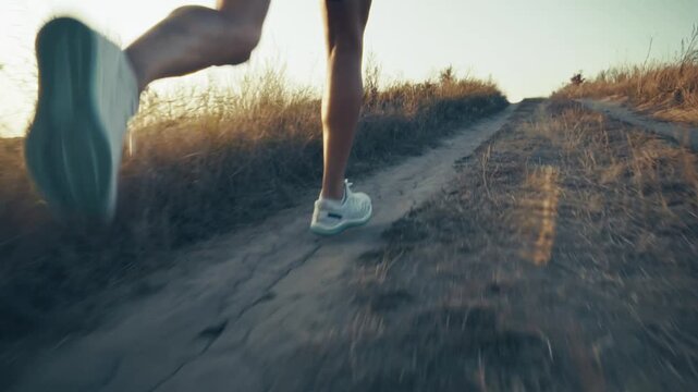 Runner Running On Dirt Road At Sunset. Outdoor Workout Training. Active Lifestyle