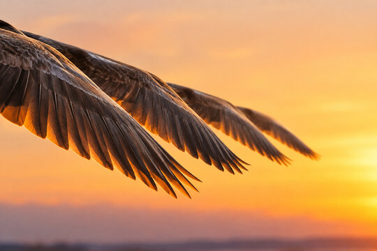 Overlapping bird wingtips in V-formation against warm sunset sky, teamwork and unity in nature concept