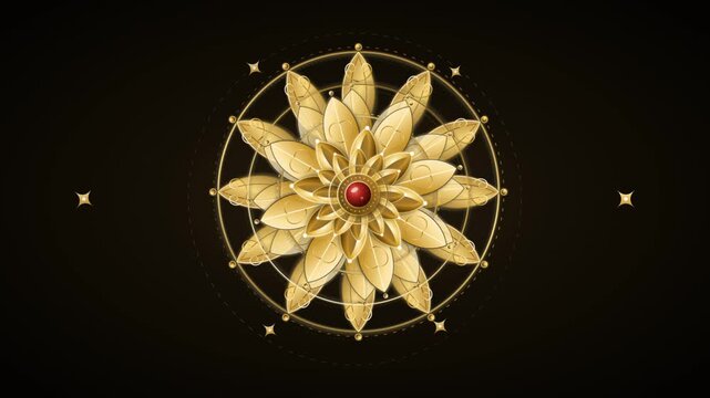 Golden ornate lotus mandala with red ruby center rotates on dark backdrop