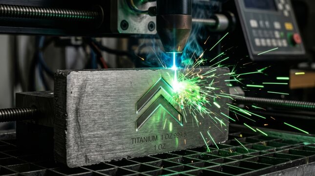 Macro photography of a high precision industrial laser engraving machine etching a chevron symbol onto a brushed titanium metal bar with bright green sparks and smoke in a modern workshop