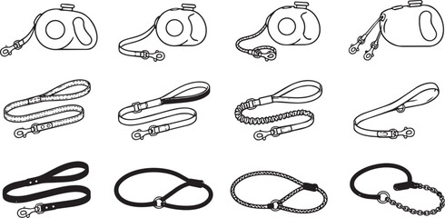 Obraz premium Dog leash collection icons set with retractable and standard styles