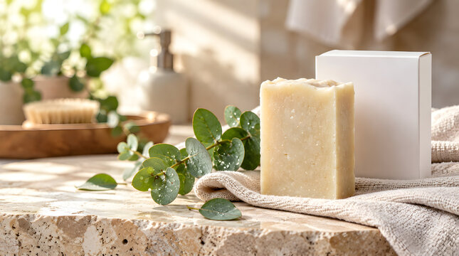 Blank soap packaging box with natural handmade soap and eucalyptus
