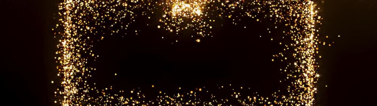 Golden glowing particles forming a rectangular frame creating a shimmering border for celebrations luxury and festive events.