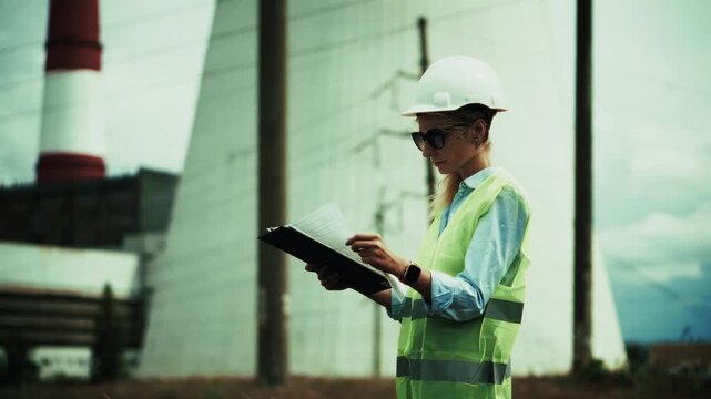 Engineer Inspecting Power Plant Cooling Tower And High Voltage. Energy Infrastructure Maintenance 