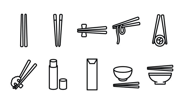 Minimalist black outline traditional asian chopsticks culinary utensil and sushi dining vector icon set on white background