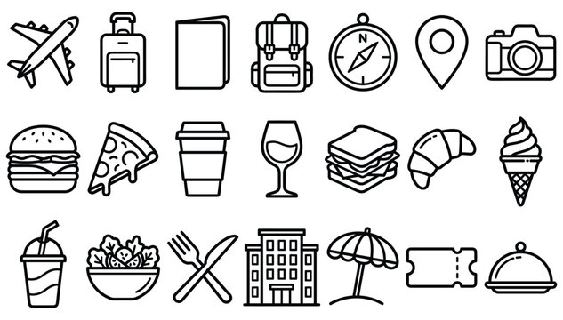 Minimalist black outline travel vacation and culinary food icons set featuring tourism vacation transportation and cafe dining symbols