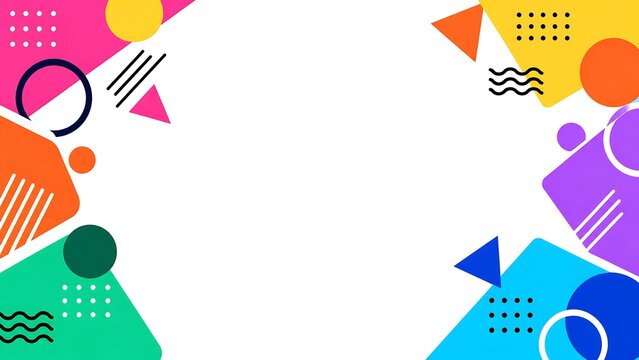 Colorful abstract geometric shapes pattern border design with vibrant memphis style
