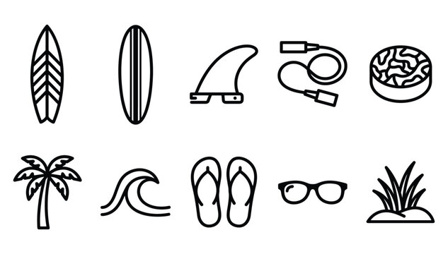Minimalist black outline summer surfing vacation icons set with surfboards palm tree waves and beach accessories