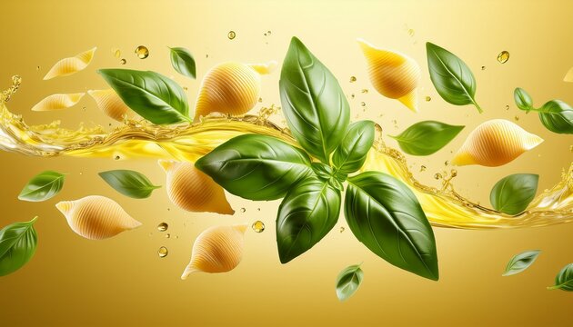 basil basil leaves and pasta shells floating in the air with droplets of olive oil against a soft yellow background creating a vibrant and fresh culinary composition for food related designs