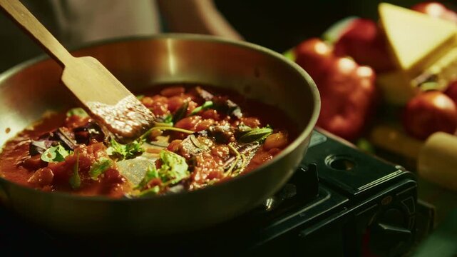Stirring Tomato Sauce  In Frying Pan. Cooking Italian Pasta Sauce 