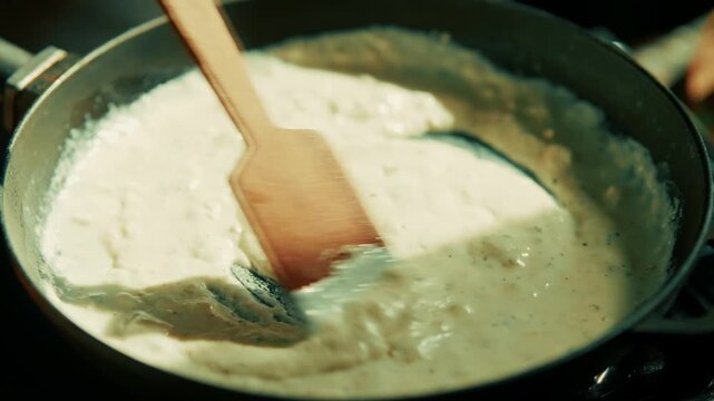 Stirring Creamy Sauce Bechamel In Pan. Preparation Cheese Gravy For Carbonara