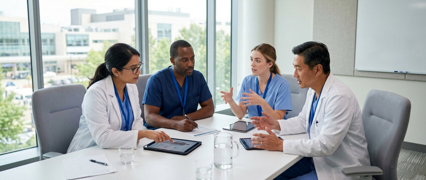 Diverse medical team in meeting discussing patient care on tablets in modern office