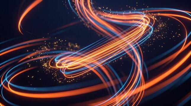 Abstract digital data streams with glowing orange and blue light trails, swirling fiber optics, and dynamic particle effects against a dark background.