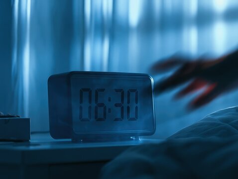 Modern digital alarm clock showing 06:30 on bedside nightstand in dark blue bedroom, captured with blurred motion hand reaching to snooze or turn off alarm during early morning wake up routine setup