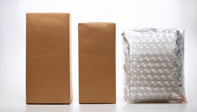 blank kraft paper mailer and transparent bubble mailer upright on white background