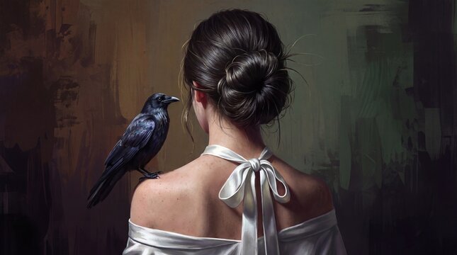 Impressionistic portrait of a woman with a raven on her shoulder