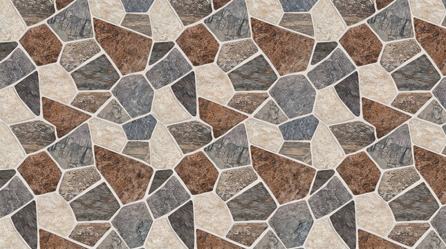 Multi-Color Flagstone Mosaic Tiles texture with irregular crazy paving slate layout, crisp white grout lines, terracotta brown, slate grey, and sandy beige stone tones, ideal for 3D architectural  