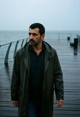 Fototapeta premium Loneliness and melancholy, mature man walking alone on a wooden pier during a rainy day with a thoughtful expression and contemplative mood in nature