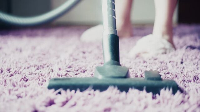 Vacuum Cleaner Cleaning Shaggy Carpet Floor. Chores Domestic. Cleaning Service