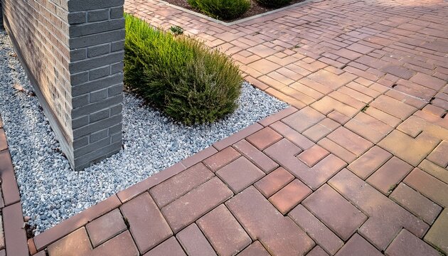 close up view of a corner of a paved patio featuring gray interlocking stones and decorative gravel surrounding a brick column with a drainage pipe