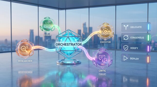 Agentic artificial intelligence orchestrator coordinating multi agent workflow with coder researcher and critic in corporate office for enterprise automation background