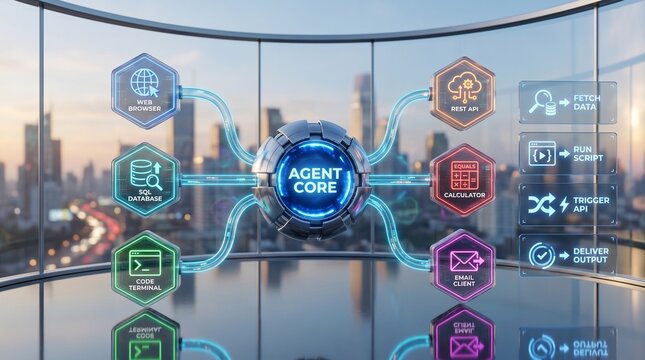 Agentic AI central core connected to tools (Web Browser, SQL Database, Terminal, REST API, Calculator, Email Client) for end-to-end task execution and robotic process automation.