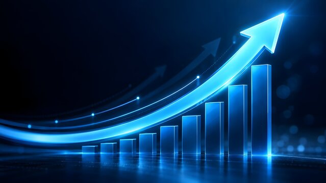 Futuristic glowing blue upward arrow and bar chart symbolizing financial growth, business success, and stock market investment strategy.