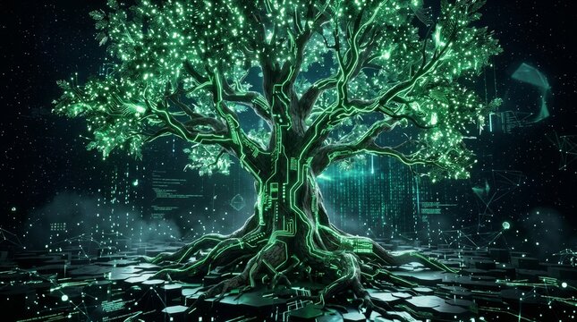 Surreal 3D render of a giant futuristic digital tree with glowing green circuit board patterns and data connections on its trunk and branches in a dark cyberspace environment with binary code.