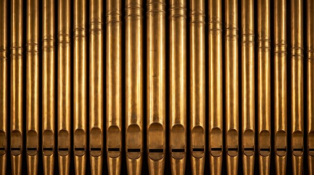 Close-up view of polished golden pipe organ pipes arranged in a repetitive vertical pattern for religious publications, music history education, and cultural heritage backgrounds.