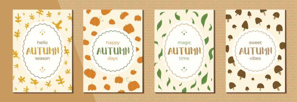 Collection of autumn posters with pumpkin oak leaf mushroom and foliage elements with typography. Doodle style.