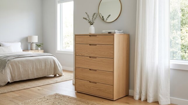 A modern bedroom with a wooden dresser, a bed, and a mirror.