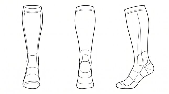 Technical Knee-High Compression Athletic Socks Vector Template - Front Back and Side Views