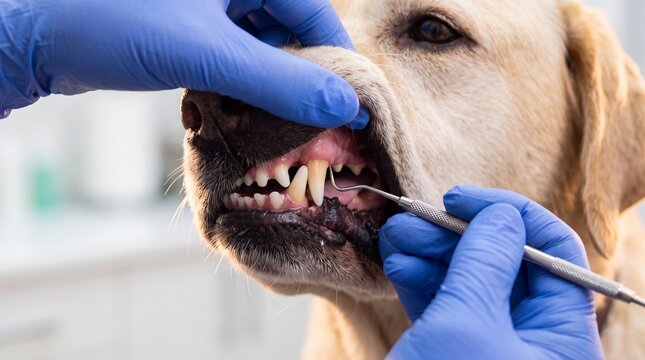 Veterinarian examining a yellow labrador retriever dog teeth using a dental scaler instrument during a routine clinical health checkup procedure in clinic.