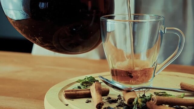 Pouring Hot Freshly Brewed Tea From Glass Teapot Into Clear Glass Cup. Herbal Tea Preparation